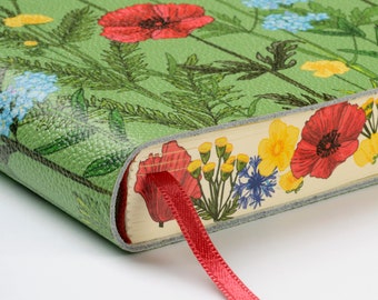 Poppies (Papaveri di Fiori) and Wildflowers Printed Soft Italian Leather Journal, Notebook- Handmade in Italy