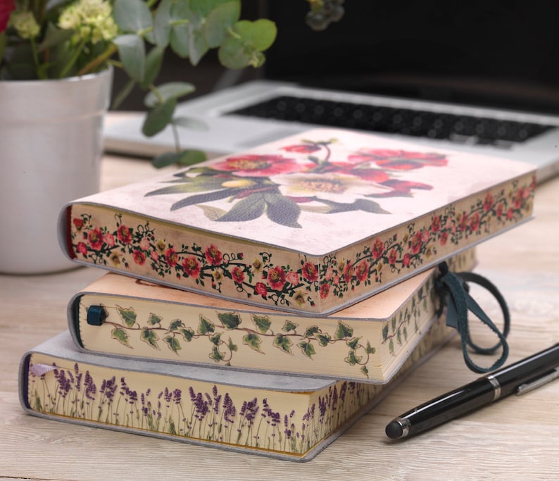 Bel Fiore, Beautiful Flower Printed Italian Soft Leather Journal , Notebook Handmade in Italy Gift for Mom, Sister , BFF image 1