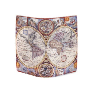 May include: A vintage-style passport holder with a detailed world map design. The map is in shades of blue, brown, and red, with gold accents. The holder has a flap closure and is made of a durable fabric.