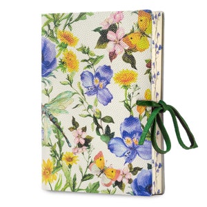 Dragonfly (Libellula) Floral Meadow Printed Soft Italian Leather Journal, Notebook- Handmade in Italy