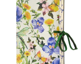 Dragonfly (Libellula) Floral Meadow Printed Soft Italian Leather Journal, Notebook- Handmade in Italy