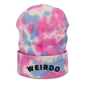 May include: A pink, blue, and white tie-dye beanie with the word "WEIRDO" embroidered in black on the front.