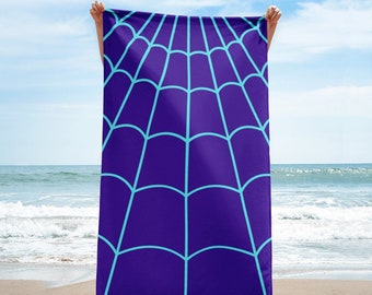 SPIDER WEB BEACH Towel Purple and neon Webbing, super hero accessories, Pool Party Towel