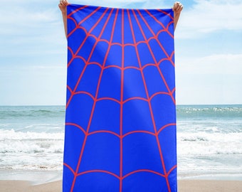 SPIDERWEB BEACH Handdoek rood en blauw singelband, superheldaccessoires, poolpartyhanddoek