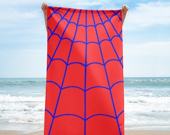 SPIDERWEB BEACH Handdoek blauwe en rode singelband, superheldaccessoires, poolpartyhanddoek