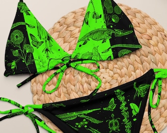 ACID NEON GREEN Fossil Bikini, Nadruk na całej powierzchni z recyklingu string bikini, Skeleton punk Swimsuit, alternatywny strój kąpielowy, kwiatowy, botaniczny, żaba