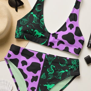WESTERN BIKINI, Recycled high-waisted bikini, Alt Swimsuit, Purple cow swimsuit, eGirl, bohemian swimming costume, neon green, Boho desert