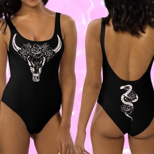 WESTERN BOHO SWIMSUIT One-Piece Swimsuit Cow Bull Skull Vintage Snake with Flowers Bathing Suit Casual Cowboy Cowgirl Longhorn skeleton