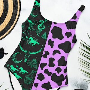 WESTERN COWGIRL SWIMSUIT, Alternative Swimsuit, Purple cow swimsuit, eGirl clothes, bohemian swimming costume, neon green, western desert
