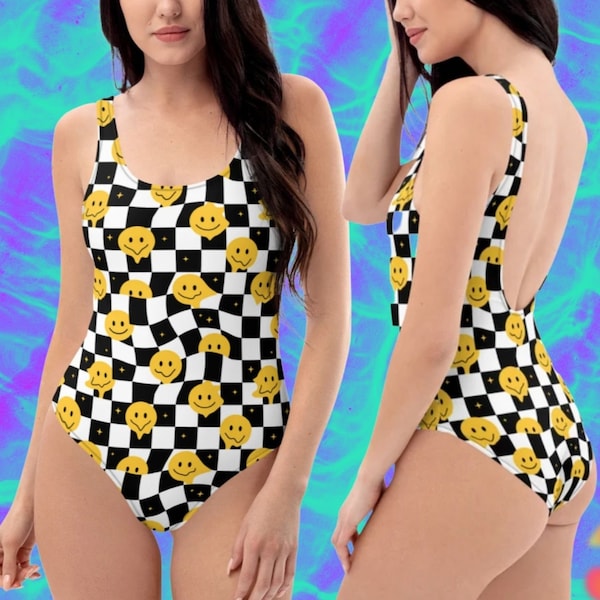 HAPPY FACE CHECKED Swimsuit One-Piece Swimsuit Black and white one piece bathing suit swimming costume with smile face