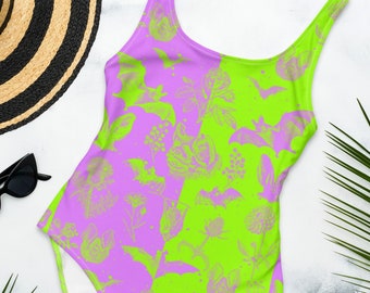 BAT SWIMSUIT one piece Swimwear Bathing Suit flower Split Colour Block Indie Bathing Suit Women alt swimsuit alternative botanical swimwear