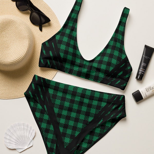 GREEN PLAID BIKINI Recycled high-waisted bikini Punk Bikini Two Piece Bikini Forest Green Plaid Print Pattern winter swimsuit bikini