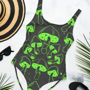 Black Forest Mushroom One-Piece Swimsuit, Swimming costume, ALT Mushroom bikini, Cottagecore Mushroom Bathingsuit, moon and stars swimwear