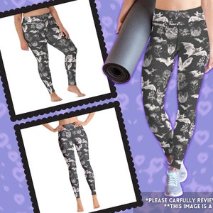 BAT FLORAL Leggings de yoga, Fleurs sauvages Cute Bat Tee, Botanical Bat Print Pattern Tights, mori kei, forestcore, Cottagecore, Gris foncé Noir