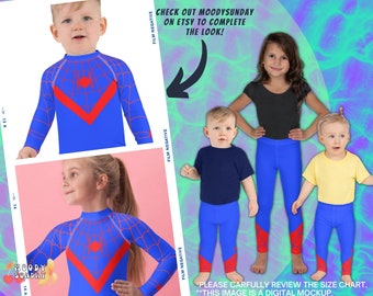 May include: A digital mockup of children wearing blue and red spider-themed leggings and a long-sleeved shirt. The text "CHECK OUT MOODYSUNDAY ON ETSY TO COMPLETE THE LOOK!" is visible in the image. The text "PLEASE CAREFULLY REVIEW THE SIZE CHART. THIS IMAGE IS A DIGITAL MOCKUP." is also visible in the image.