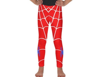 May include: Red leggings with a white spider web design and blue spider logo on the legs.