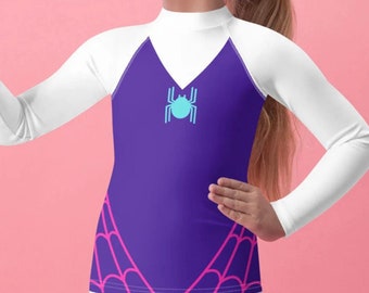 Camiseta Rash Guard para niños SPIDER GWEN, disfraz de superhéroe para niñas, disfraz de araña para niños, camiseta Spider Gwen para niñas, camiseta