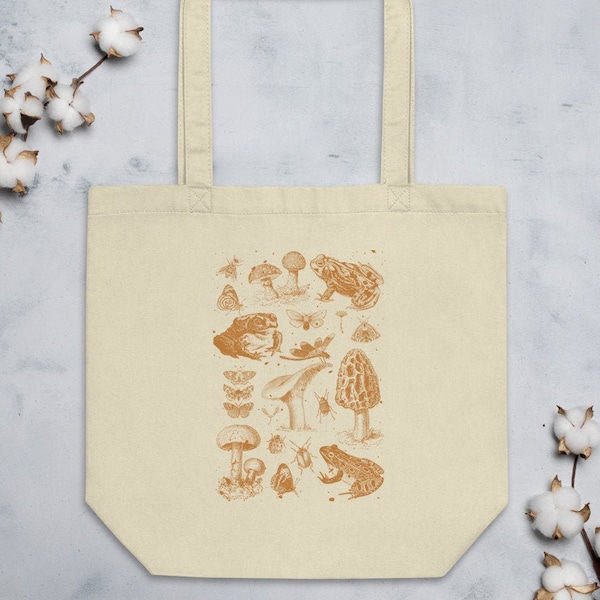 FROG MUSHROOM MOTH Eco Tote Bag ⎮ Cute Frog ⎮ Forest Woods ⎮ Mori Kei ⎮ Toad ⎮ Butterfly ⎮ Cottage Core ⎮ Forestcore ⎮ Insect Anthropology