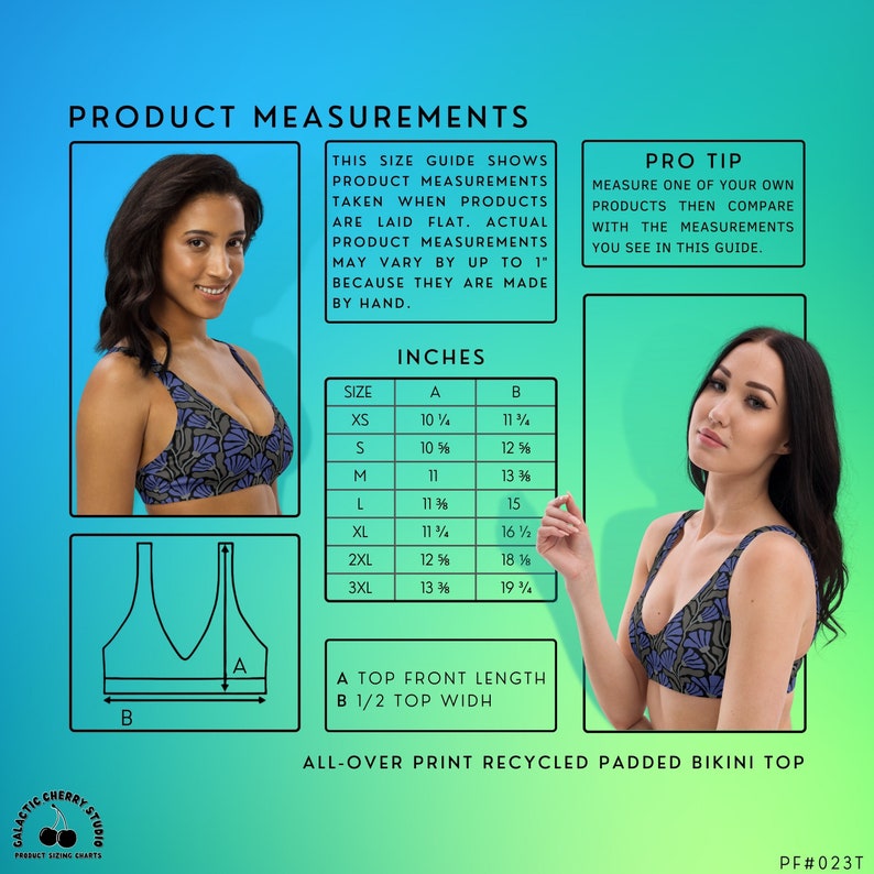 May include: A size guide for an all-over print recycled padded bikini top. The chart displays measurements in inches for sizes XS to 3XL, labeled A for top front length and B for 1/2 top width, with diagrams and text explaining the measurement process.