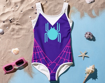 SPIDER GWEN STACY Inspired Kids Swimsuit Spider Girl One-Piece Swimsuit Purple with Neon Spider Spidergwen superhero swimsuit, kids costume