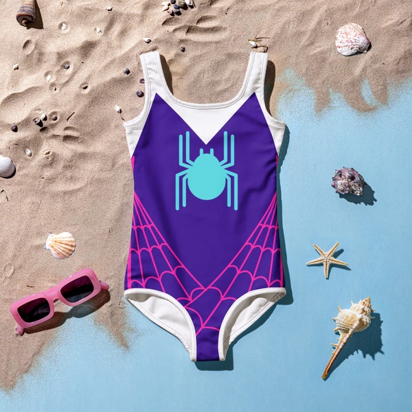 Traje de baño para niños inspirado en SPIDER GWEN STACY Traje de baño de una pieza para niña araña morado con araña neón Traje de baño de superhéroe Spidergwen, disfraz para niños