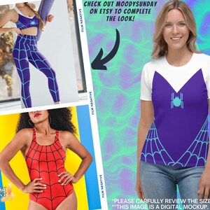 Puede incluir: Una camiseta blanca con un gr&aacute;fico de telara&ntilde;a de ara&ntilde;a p&uacute;rpura y azul. La camiseta tiene un cuello blanco y mangas cortas. El dise&ntilde;o de la telara&ntilde;a presenta una ara&ntilde;a azul en el centro. El texto "CHECK OUT MOODYSUNDAY ON ETSY TO COMPLETE THE LOOK!" es visible en la imagen.