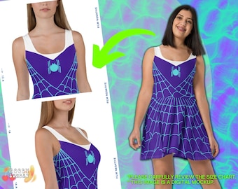 SPIDER GWEN SKATER Dress, Women's spider girl, Cosplay top, tshirt costume for adults, purple spider top with neon cyan webbing web design