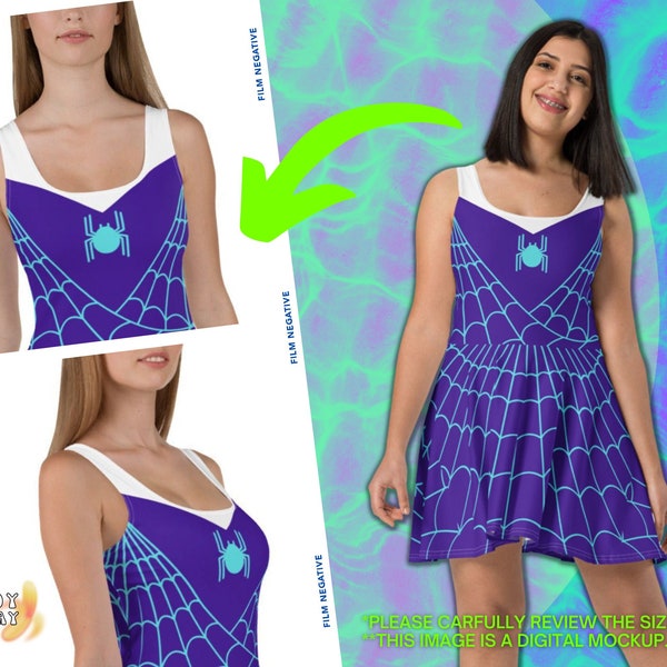 SPIDER GWEN SKATER Dress, Women's spider girl, Cosplay top, tshirt costume for adults, purple spider top with neon cyan webbing web design