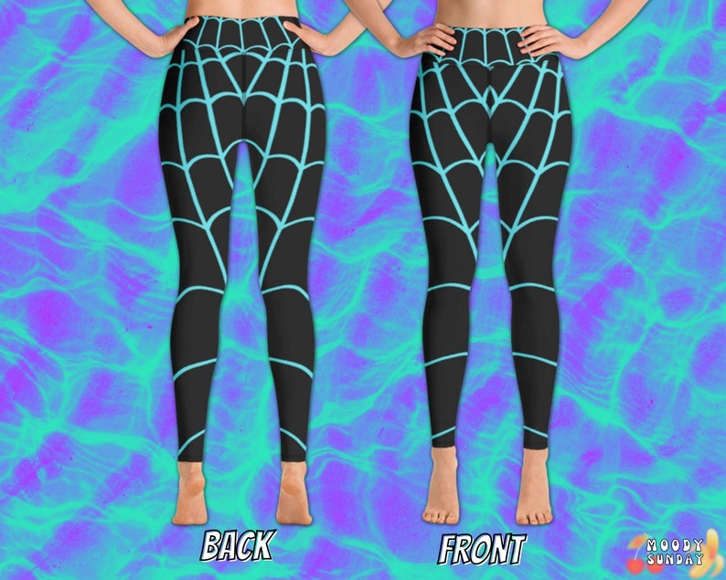 May include: Black yoga leggings with a blue spiderweb design. The leggings are shown from the front and back.
