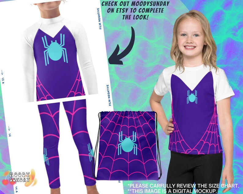 May include: A purple and pink spiderweb pattern on a white long-sleeve shirt, leggings, and a drawstring bag. The spiderweb pattern has a blue spider in the center. The text "CHECK OUT MOODYSUNDAY ON ETSY TO COMPLETE THE LOOK!" is at the top of the image.