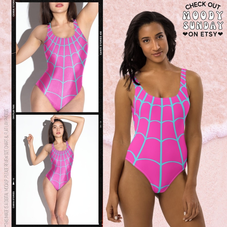 May include: A one-piece swimsuit featuring a vibrant pink base colour with a light blue spider web pattern printed across the front. The garment has a scoop neckline and wide shoulder straps, providing a classic silhouette for swimwear.