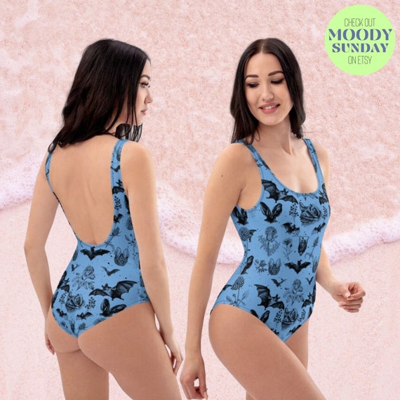 BAT FLORAL Blue SWIMSUIT One-piece Swimsuit Flower Rose Pool Wear