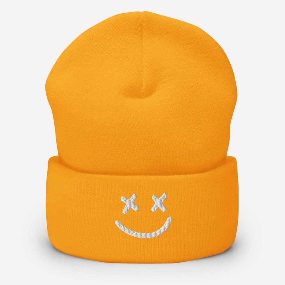 Xx Smiling Face Embroidered Cuffed Beanie Happy Face Hat