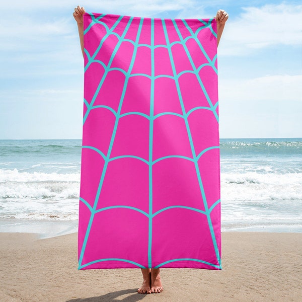 SPIDER WEB BEACH Towel Pink and Neon Webbing, super hero accessories, Pool Party Towel