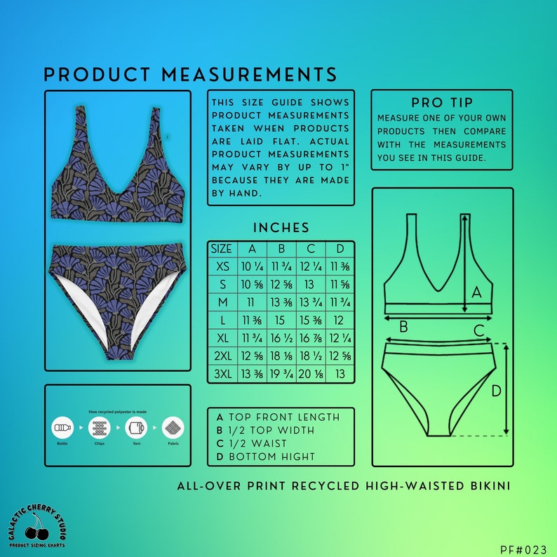 K&ouml;nnte beinhalten: Eine Gr&ouml;&szlig;entabelle f&uuml;r einen recycelten High-Waist-Bikini mit blau-grauem F&auml;chermuster. Die Tabelle zeigt Produktma&szlig;e in Zoll f&uuml;r die Gr&ouml;&szlig;en XS bis 3XL, erg&auml;nzt durch Diagramme, die das Messen von Oberteil und Unterteil veranschaulichen.
