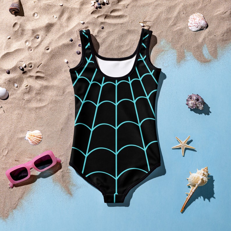 SPIDER GWEN STACY Inspired Kids Swimsuit Spider Girl One-Piece Swimsuit Black with Neon Spider Spidergwen superhero swimsuit, kids costume