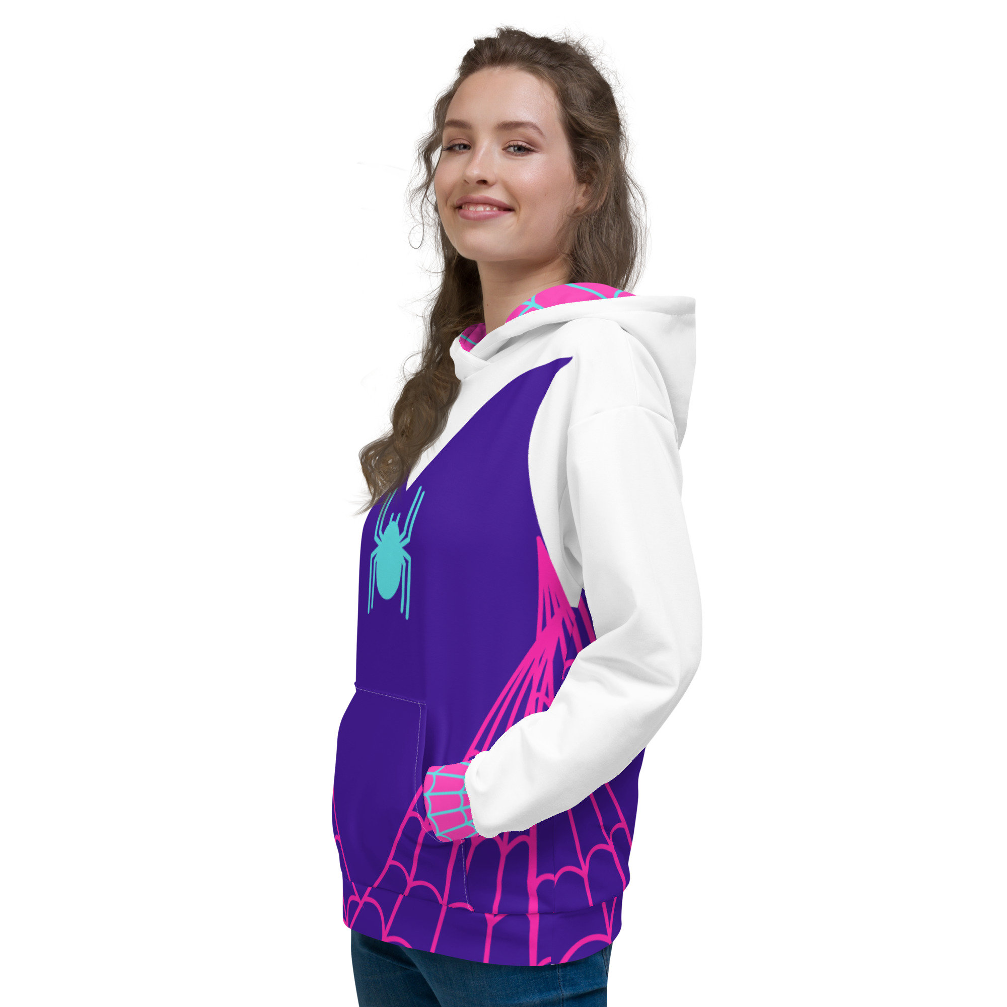SPIDER GWEN Unisex Hoodie Spider Web Hoodie, Cosplay Top, Tshirt Costume for Adults, Purple Sweater With Neon Cyan Spider Logo, Pink Webbing - Etsy SPIDER GWEN Unisex Hoodie Spider Web Hoodie, Cosplay Top, Tshirt Costume for Adults, Purple Sweater With Neon Cyan Spider Logo, Pink Webbing - Etsy