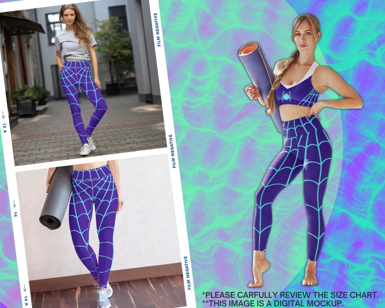 Op de afbeelding: Een vrouw draagt een sportbeha en leggings met een spinnenwebpatroon in paars en blauw. Ze houdt een yogamat vast en heeft een spinnenweb op haar sportbeha.