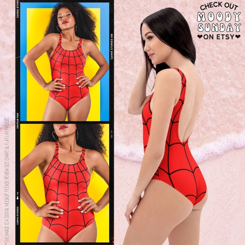 Puede incluir: Traje de ba&ntilde;o rojo con un dise&ntilde;o de telara&ntilde;a negra. El traje de ba&ntilde;o tiene un escote redondo y un estilo de espalda de nadador. La modelo lleva el traje de ba&ntilde;o en una playa.