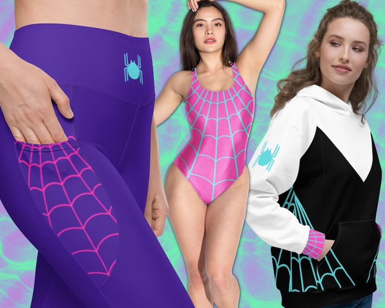 May include: Three different clothing items featuring a spider web design. A purple pair of leggings with a pink spider web design, a pink swimsuit with a blue spider web design, and a white hoodie with a black and blue spider web design.