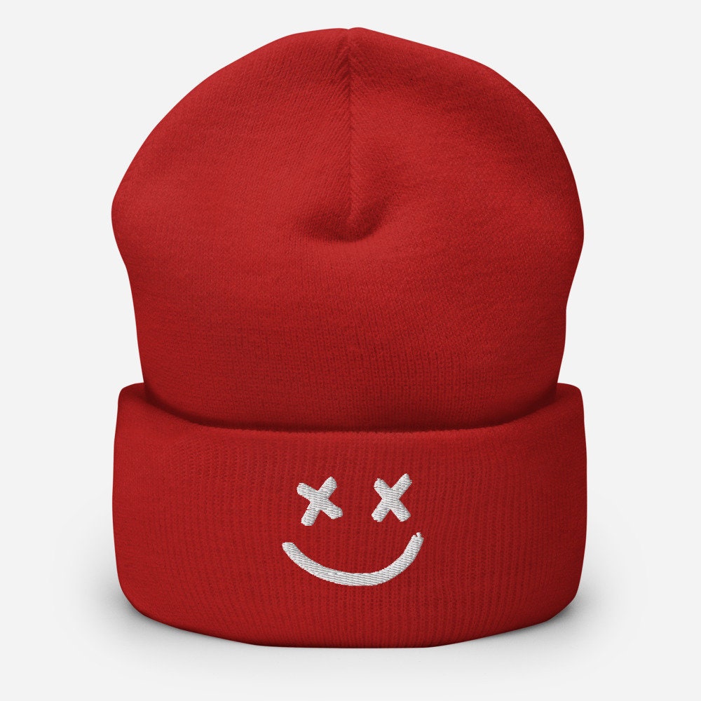 Xx Smiling Face Embroidered Cuffed Beanie Happy Face Hat