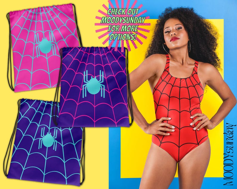 May include: Three drawstring bags featuring a spiderweb pattern and a central spider graphic in pink, purple, and blue, alongside a red one-piece swimsuit with a black spiderweb print. Text reads: CHECK OUT MOODYSUNDAY FOR MORE OPTIONS!