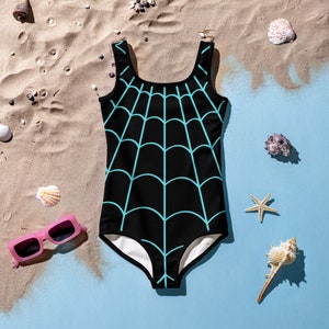 SPIDER GWEN STACY Inspired Kids Swimsuit Spider Girl One-Piece Swimsuit Black with Neon Spider Spidergwen superhero swimsuit, kids costume