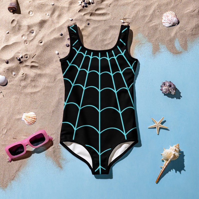 SPIDER GWEN STACY Inspired Kids Swimsuit Spider Girl One-Piece Swimsuit Black with Neon Spider Spidergwen superhero swimsuit, kids costume