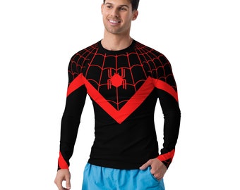 SPIDER MILES Men's Rash Guard, superhero costume for adults, Mans spider costume, blue and red spider Parker t-shirt