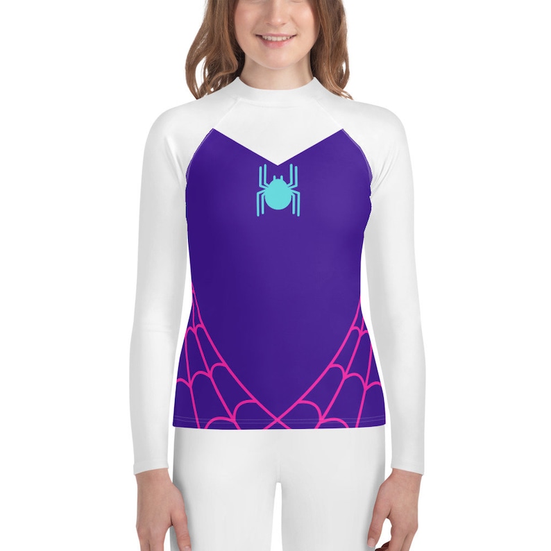 TEEN SIZED Spider Gwen Rash Guard, Spidergwen shirt for Teenager, girls superhero costume, Youth spider costume, Spider Gwen top for girls