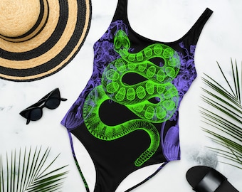 FLORAL SNAKE One-Piece Swimsuit, Black Neon Purple, Alt Swimwear, Alternative Swimming Costume, vintage wild flower vase, trendy, botanical