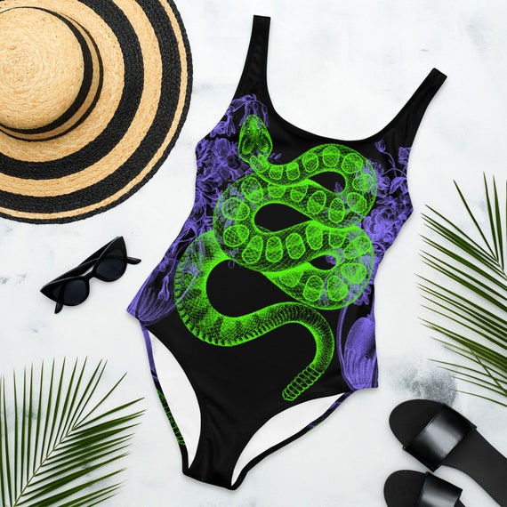 FLORAL SNAKE One-piece Swimsuit, Black Neon Purple, Alt Swimwear,  Alternative Swimming Costume, Vintage Wild Flower Vase, Trendy, Botanical 