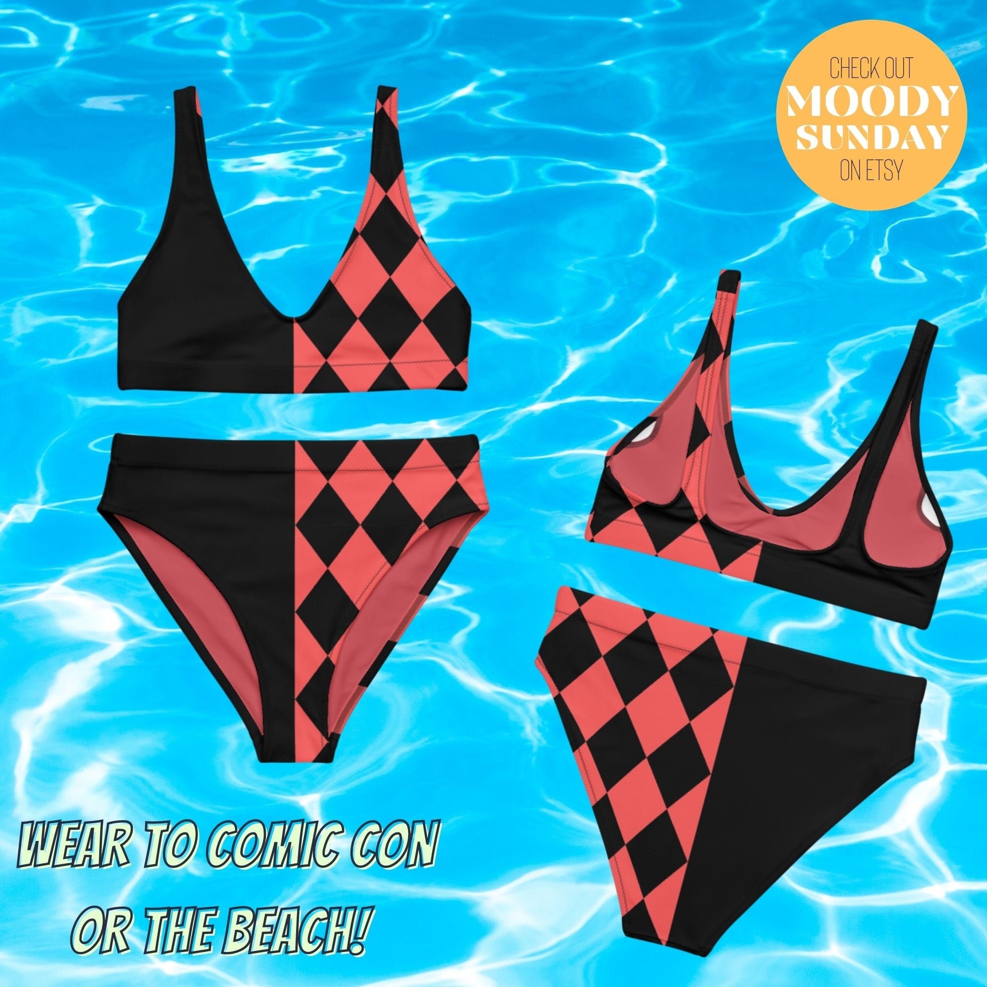 HARLEY QUINN inspired COSPLAY Recycled high-waisted bikini Swimsuit Costume Swimmers Harley inspired Swimwear villain Alt Alternative