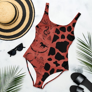 Boho WESTERN SWIMSUIT, Alternative Swimsuit, Burnt Orange cow swimsuit, Texas, Arizona, bohemian swimming costume, western desert, COWGIRL